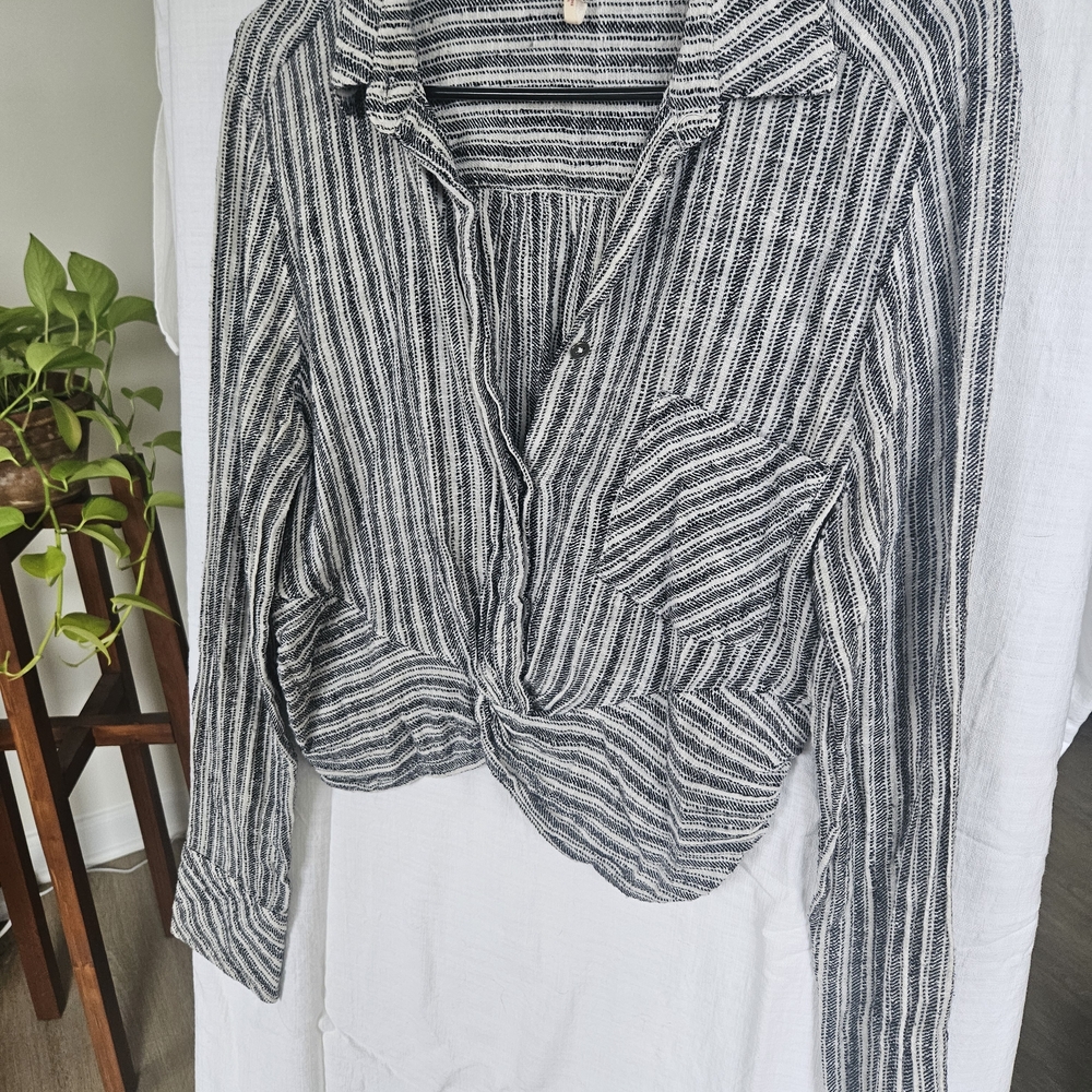 Free People Black and White Striped Button Down Shirt